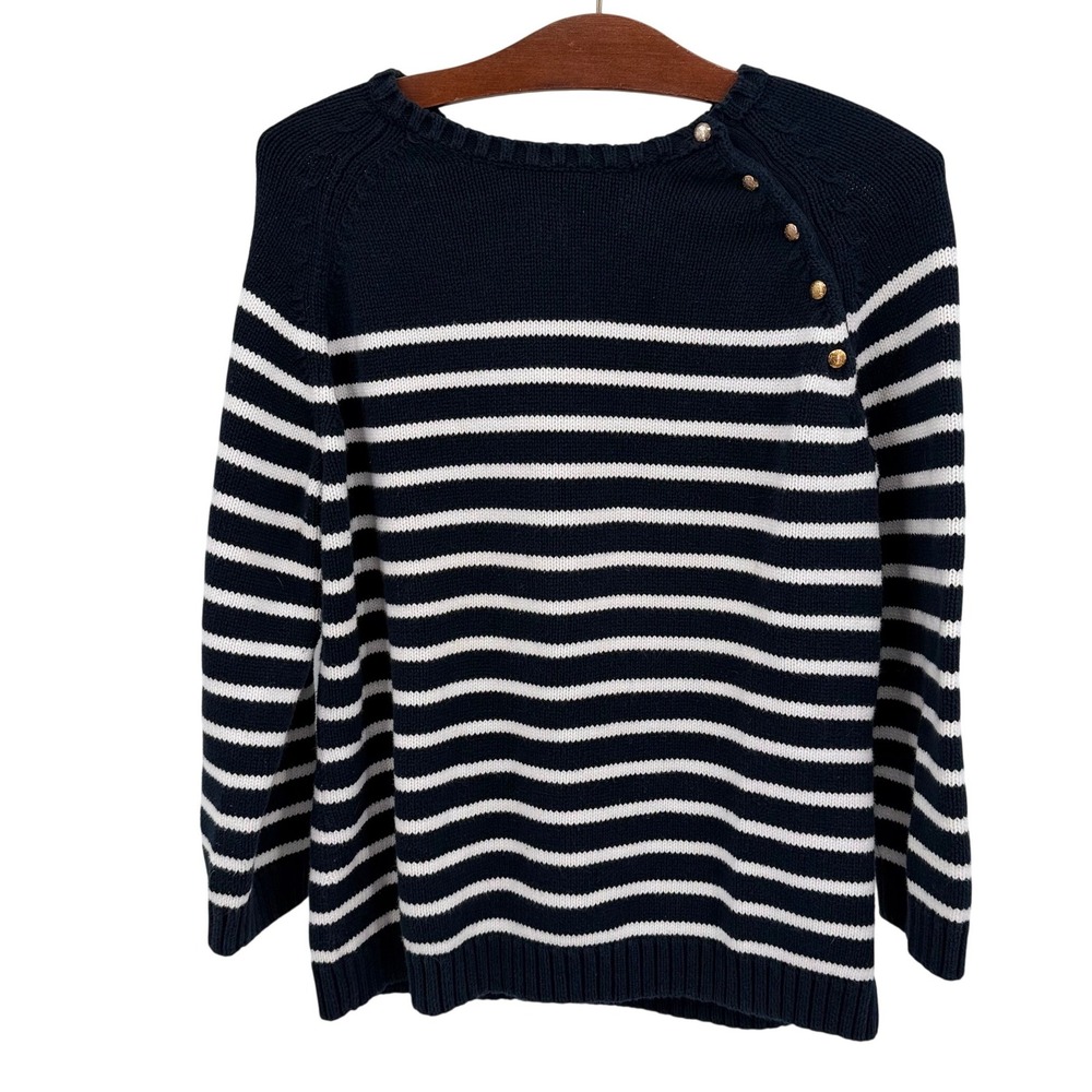 Chaps Women's XL Crew Neck Sweater Navy White Striped Button Shoulder‎ Nautical